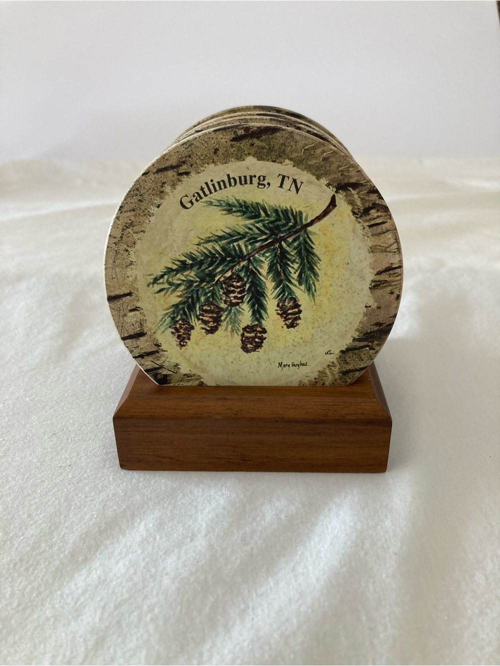Mary Hughes Gatlinburg, TN Pinecone Coasters Set with a Wood Holder